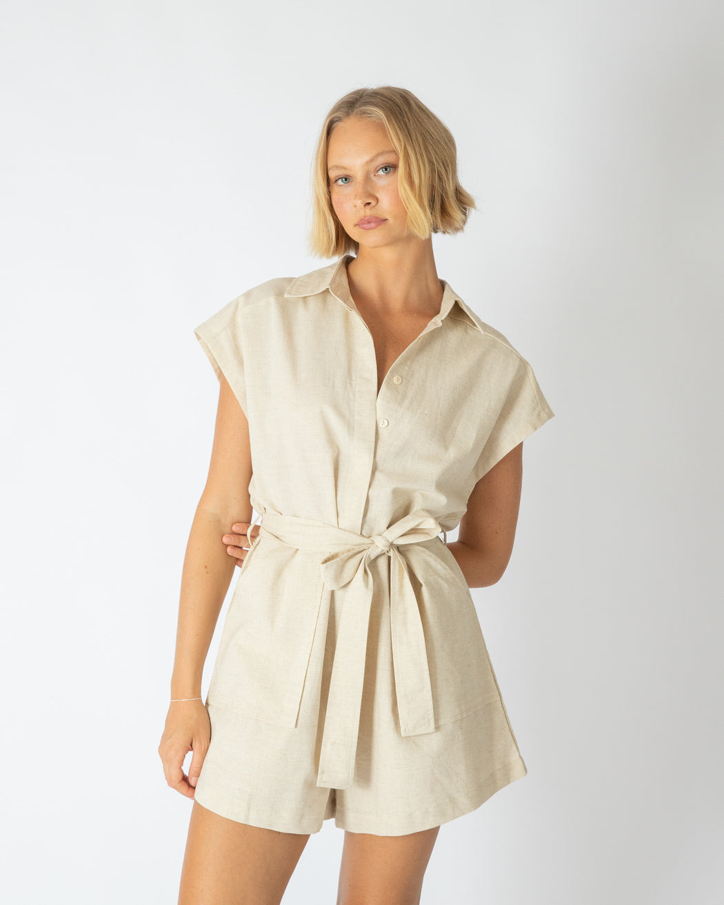 Cap sleeve cotton jumpsuit - Sand