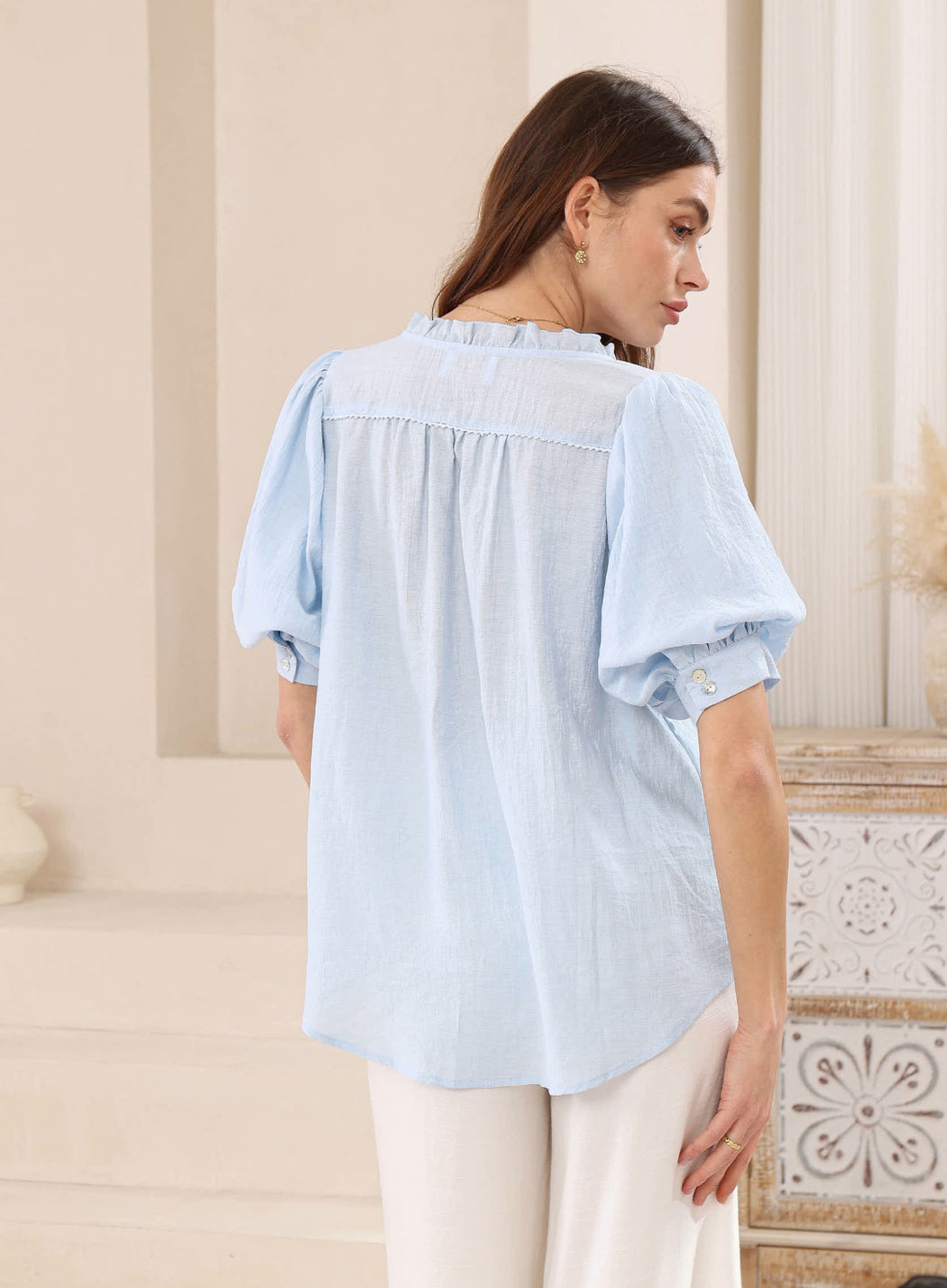 Short Balloon Sleeve Blouse - Light Blue