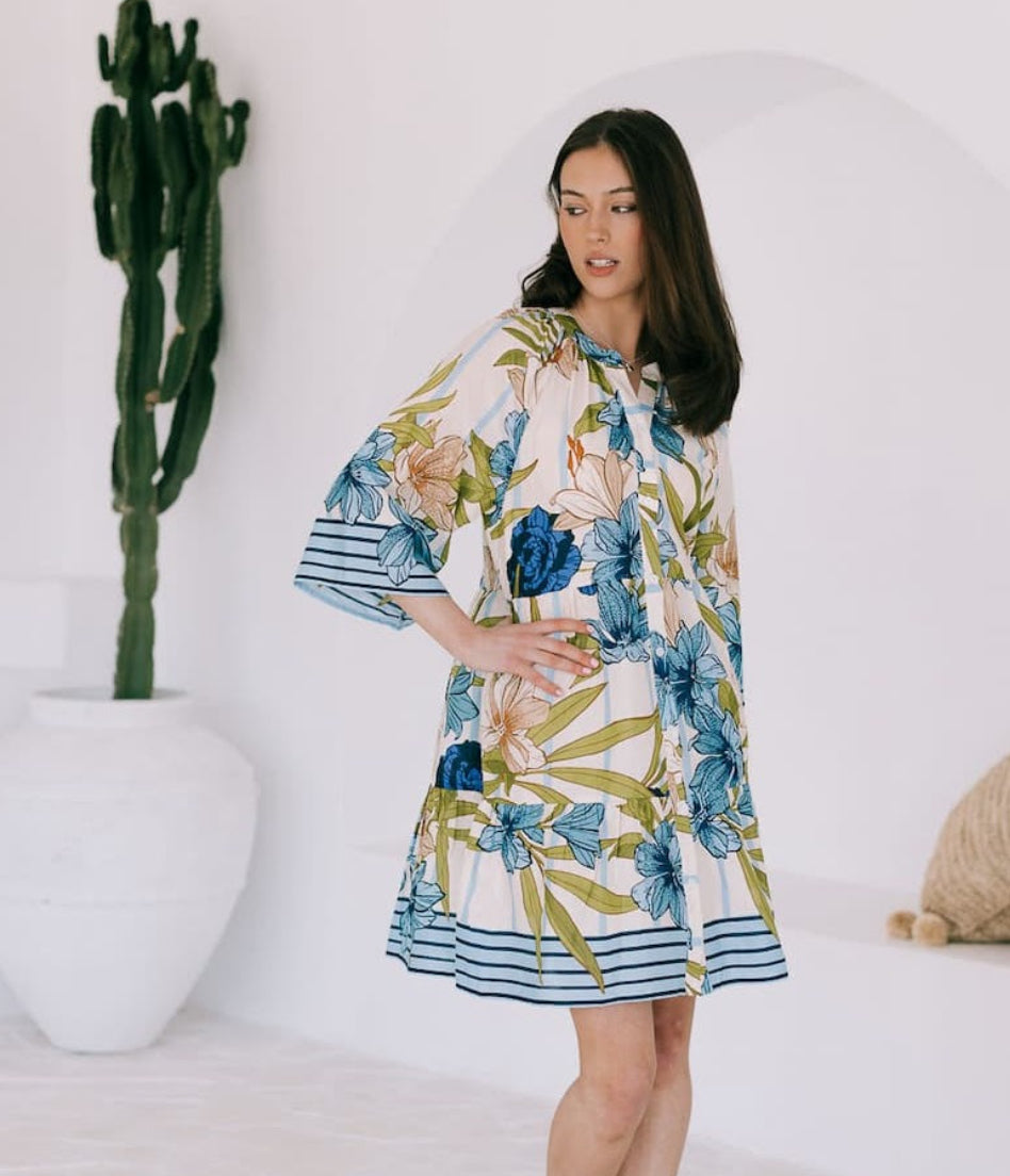 Babydoll Dress - Green Palm and Blue hibiscus