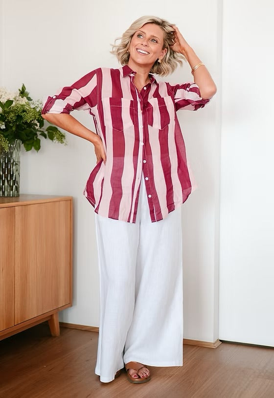 Stripe Linen Shirt - Wine and Pink