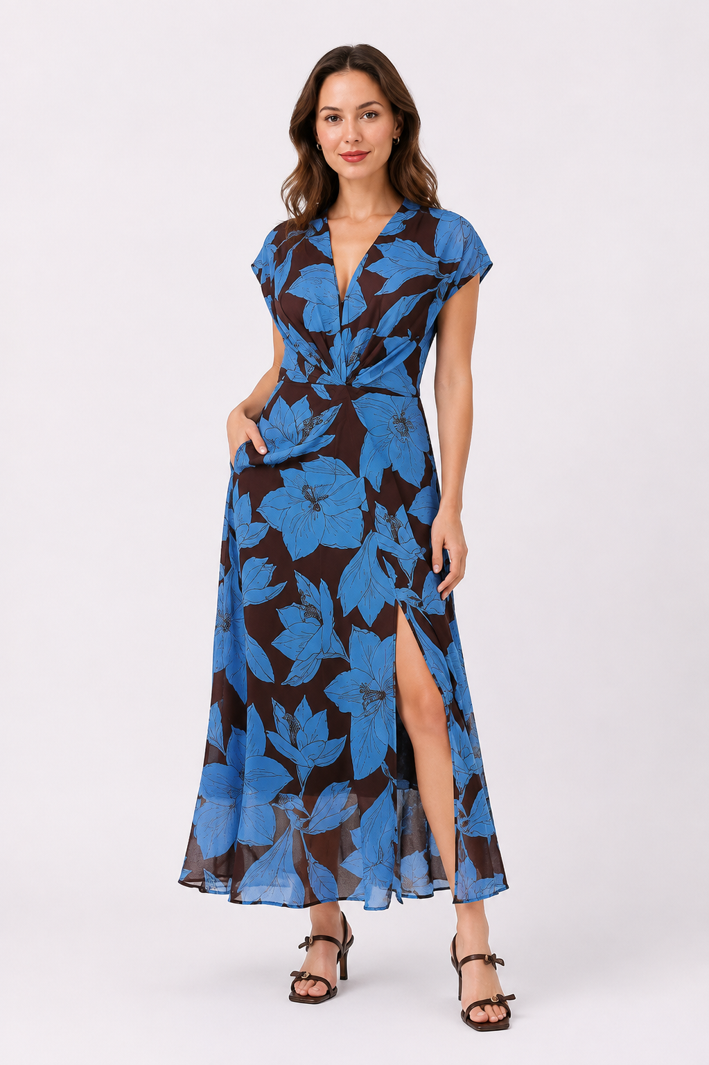 Tara Dress - Chocolate and blue floral