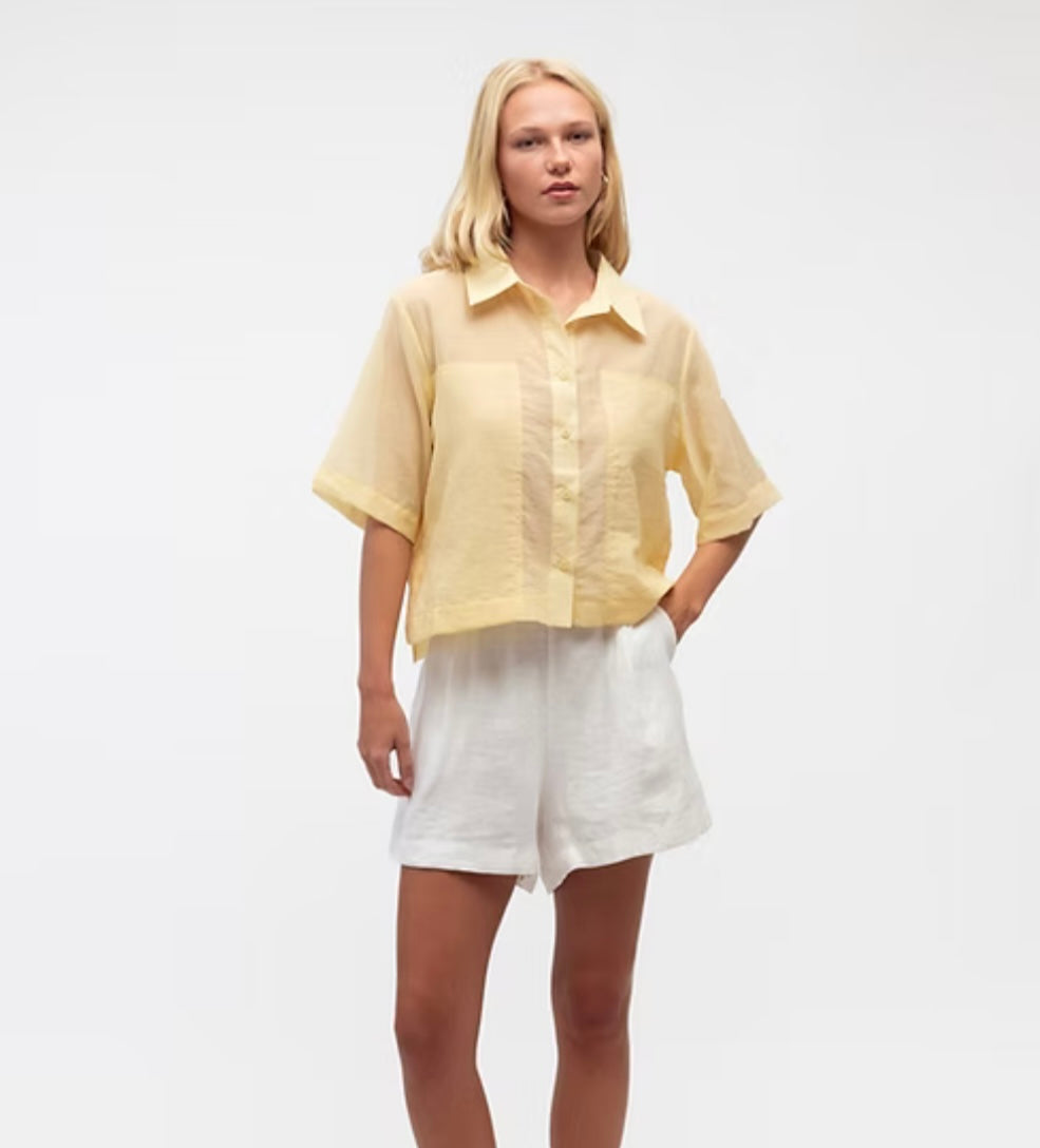 Short Sleeve Button up  Blouse - Butter yellow