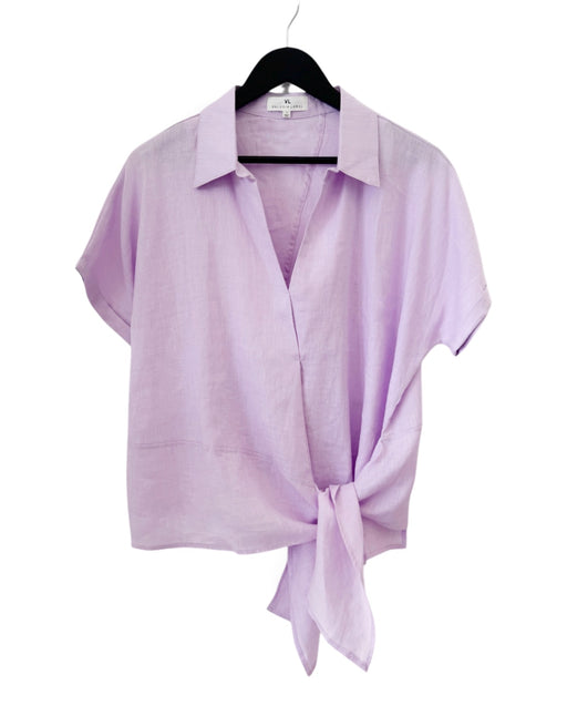 Roll Sleeve Linen Tie Top - Lilac