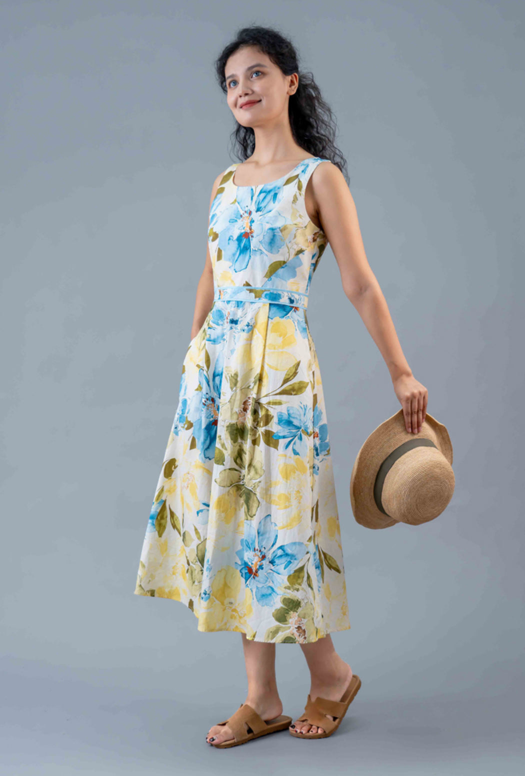 Midi Dress - Yellow and blue floral