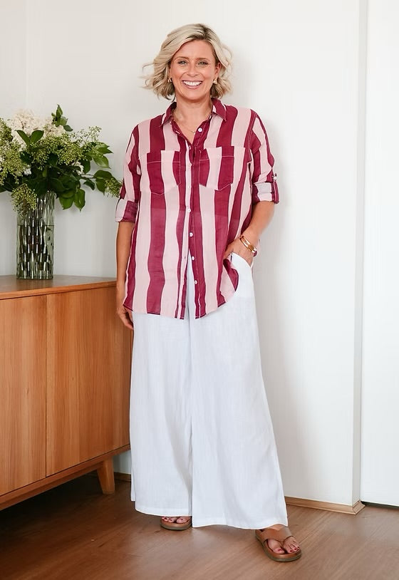 Stripe Linen Shirt - Wine and Pink