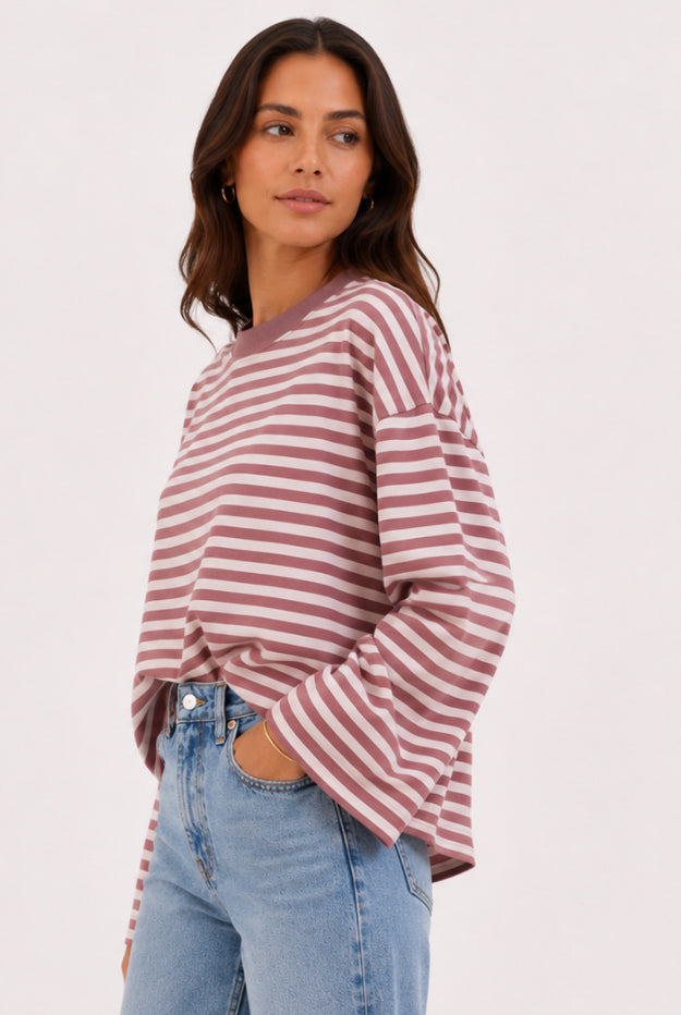 Sunday stripe long sleeve - chocolate and Pink