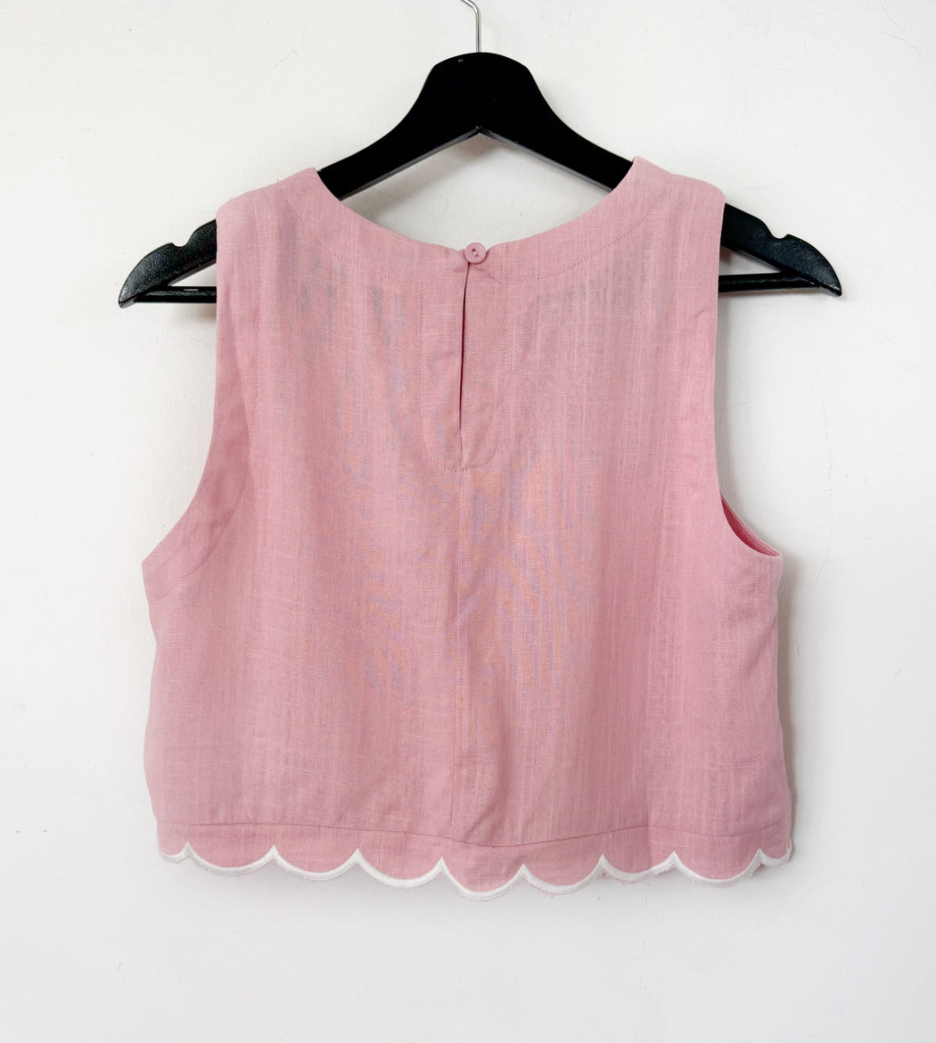 Scallop Hem Crop Top - Pink and White