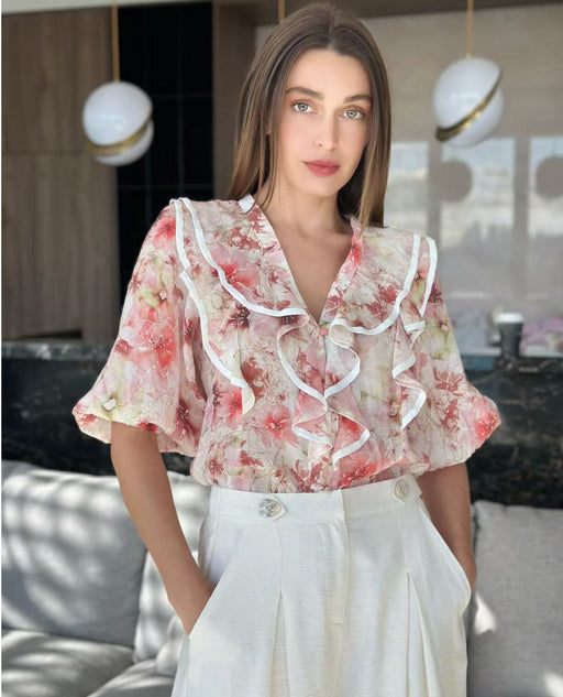 Frill detail Blouse - Pink floral multi