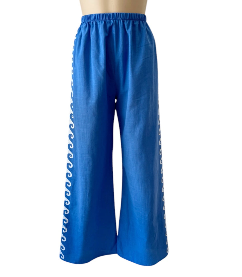 Lounge Straight Leg Cotton Pants - Blue Wave print