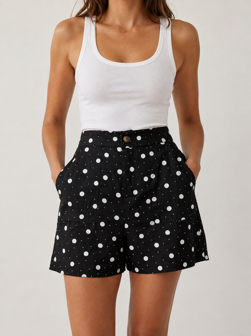 Linen Elastic Waist Shorts - Black and white Polka dot