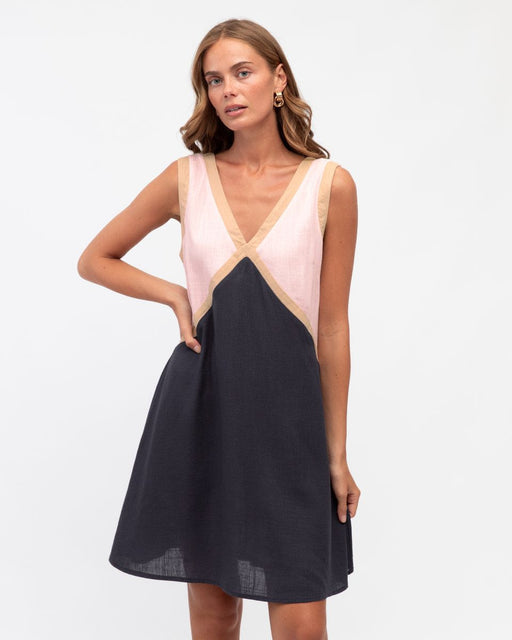 Linen Mini Dress - Pink and Navy Blue
