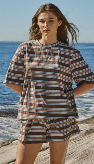 Cotton stripe Set - Chocolate and blue