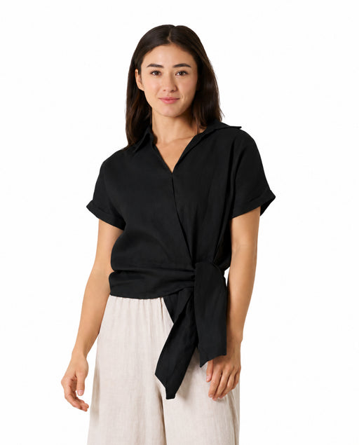 Roll Sleeve Linen Tie Top - Black