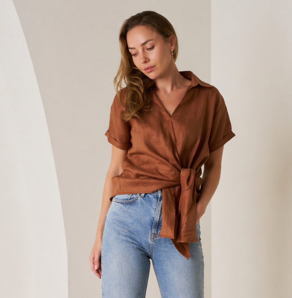 Roll Sleeve Linen Tie Top - Umber Brown