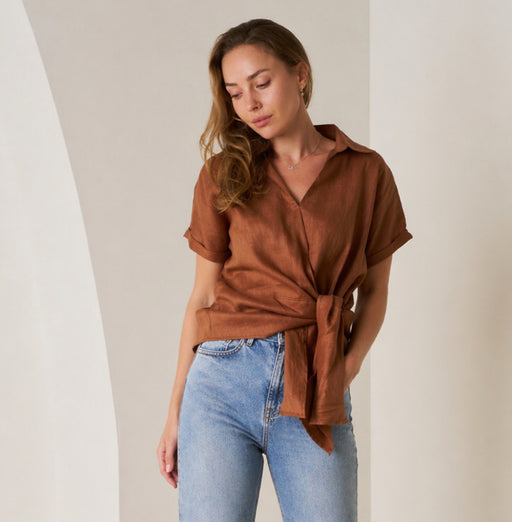 Roll Sleeve Linen Tie Top - Umber Brown