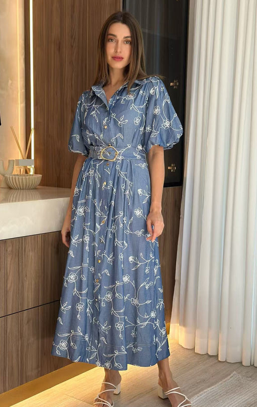 Midi Dress - Blue with white flowers