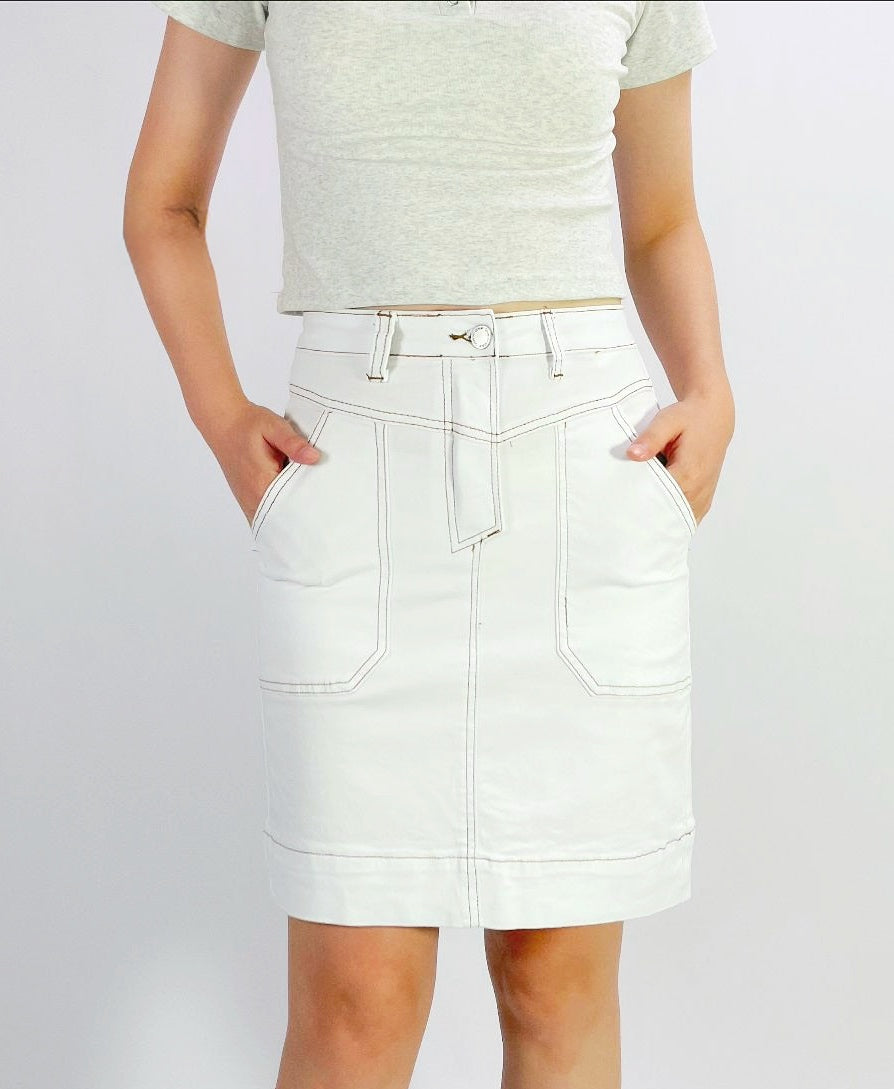 Stretch Denim Skirt - White with contrast stitch