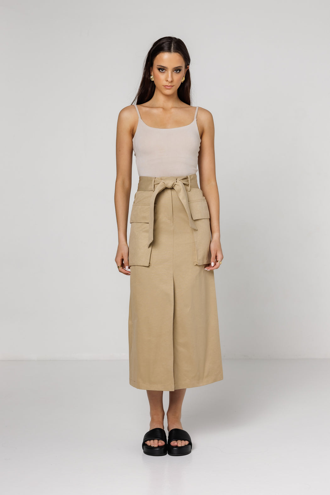 3/4 Belted Midi Skirt - Tan