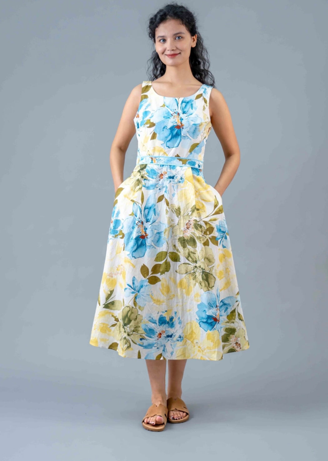 Midi Dress - Yellow and blue floral