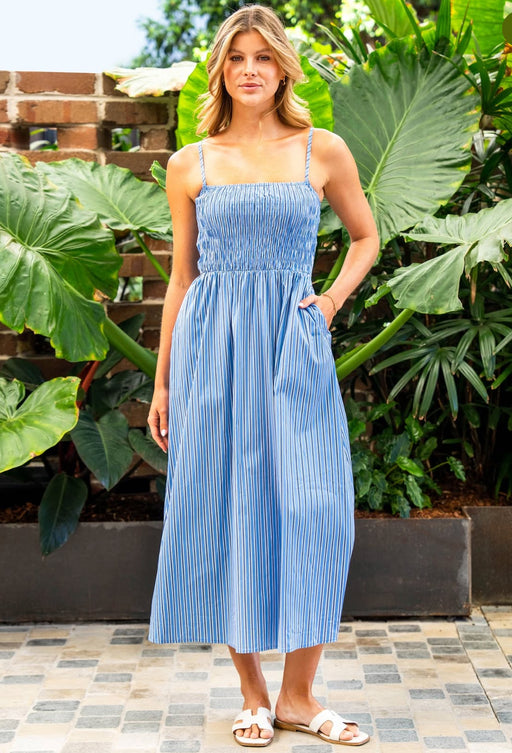 Cotton Shirred Midi Dress - Blue Stripe