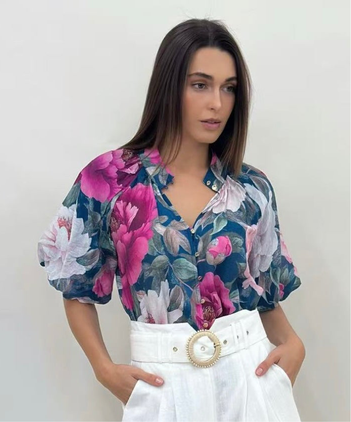 Short Sleeve Blouse - Teal floral