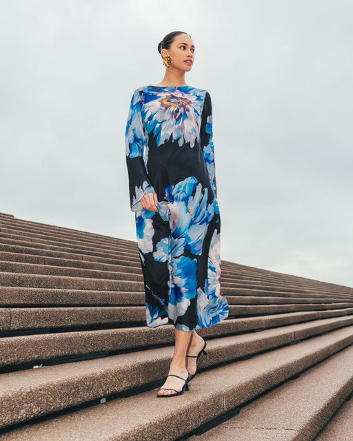 Midnight Bloom silky Maxi Dress - Blue Floral