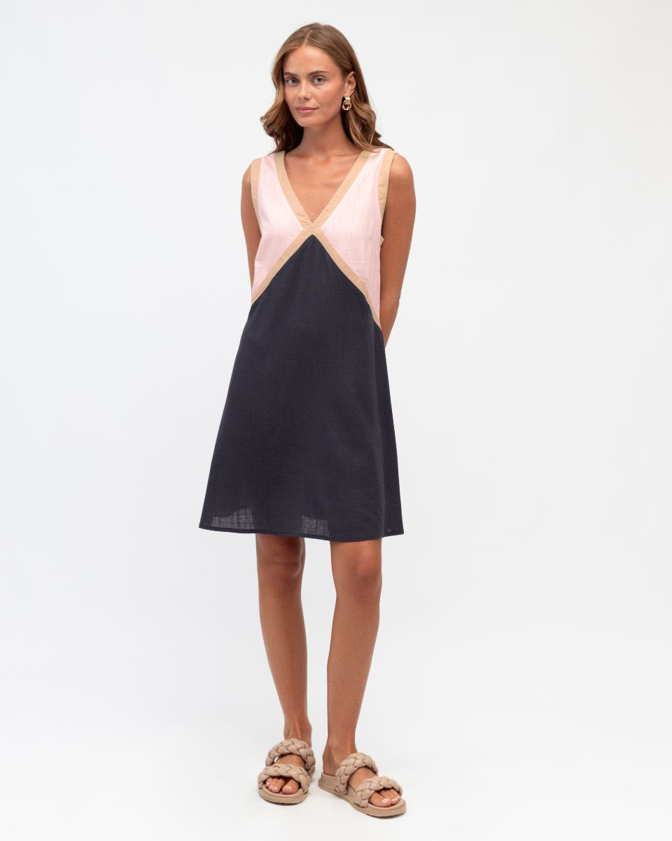 Linen Mini Dress - Pink and Navy Blue