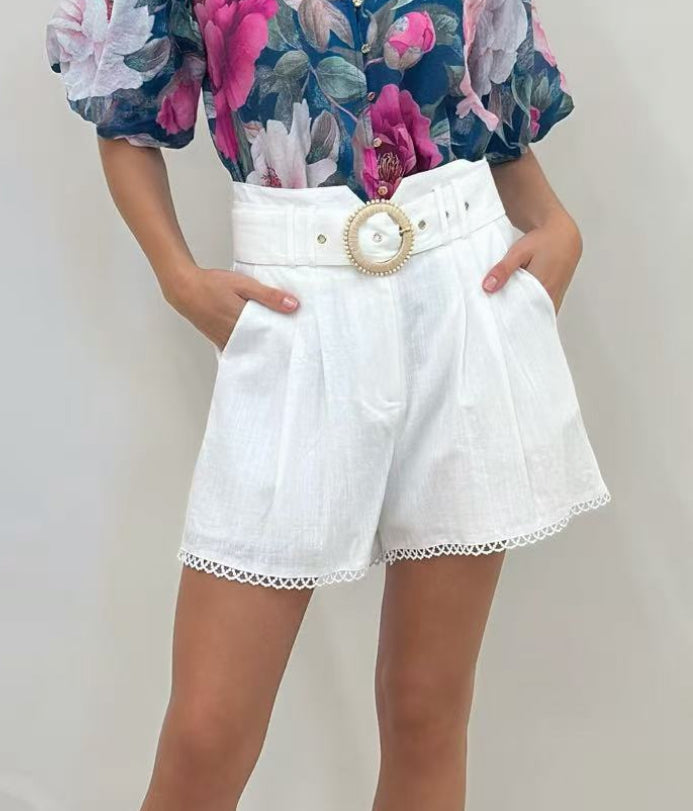 Linen blend Fitted Waist Shorts - White