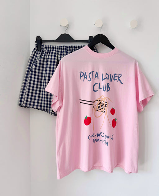 Pasta Lover Tee Set - Pink Tee and Navy gingham shorts