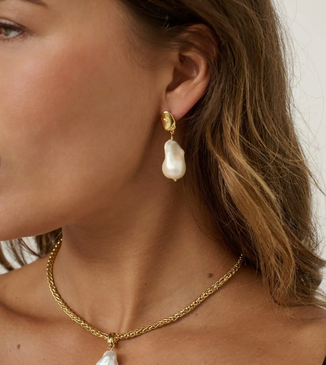 Natural organic pearl Gold Drop Studs
