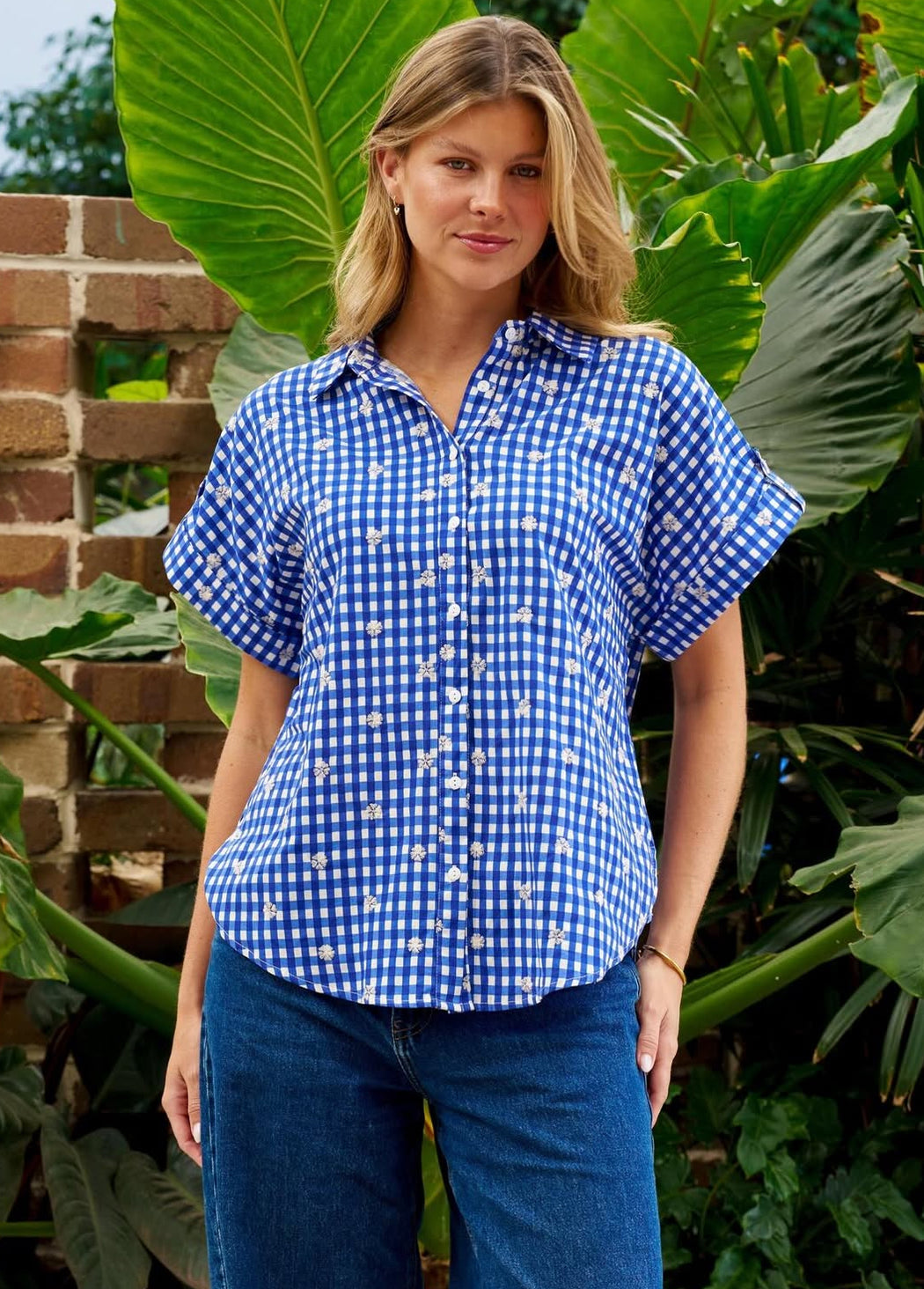 Cotton Short Sleeve Shirt - Blue check