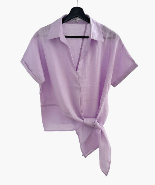 Roll Sleeve Linen Tie Top - Lilac