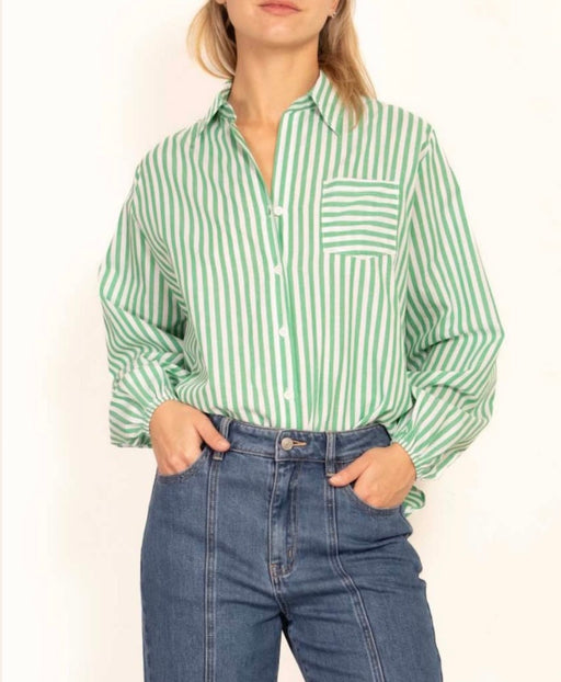 Elastic Sleeve Stripe Shirt - Green and White