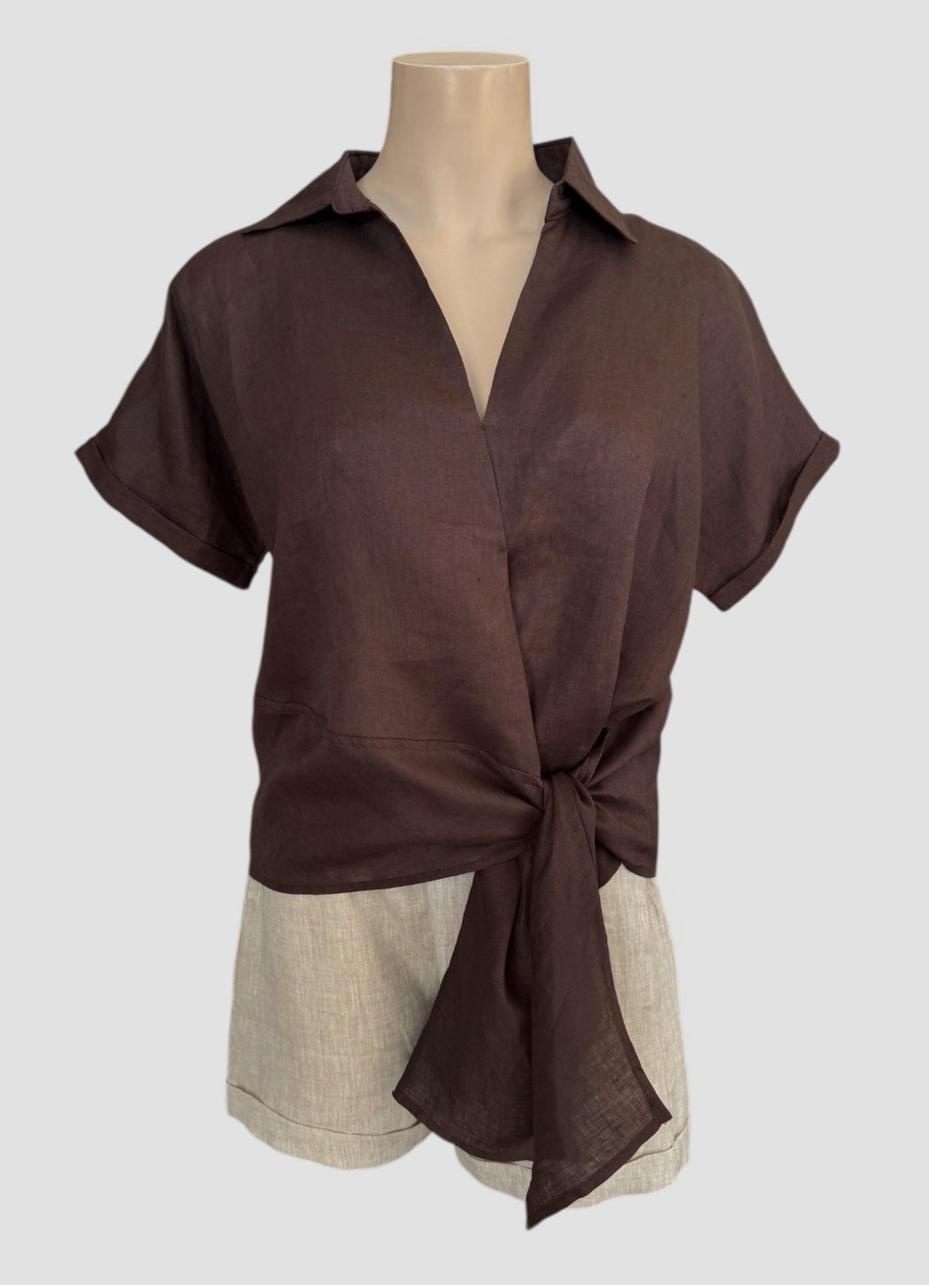 Roll Sleeve Linen Tie Top - Chocolate