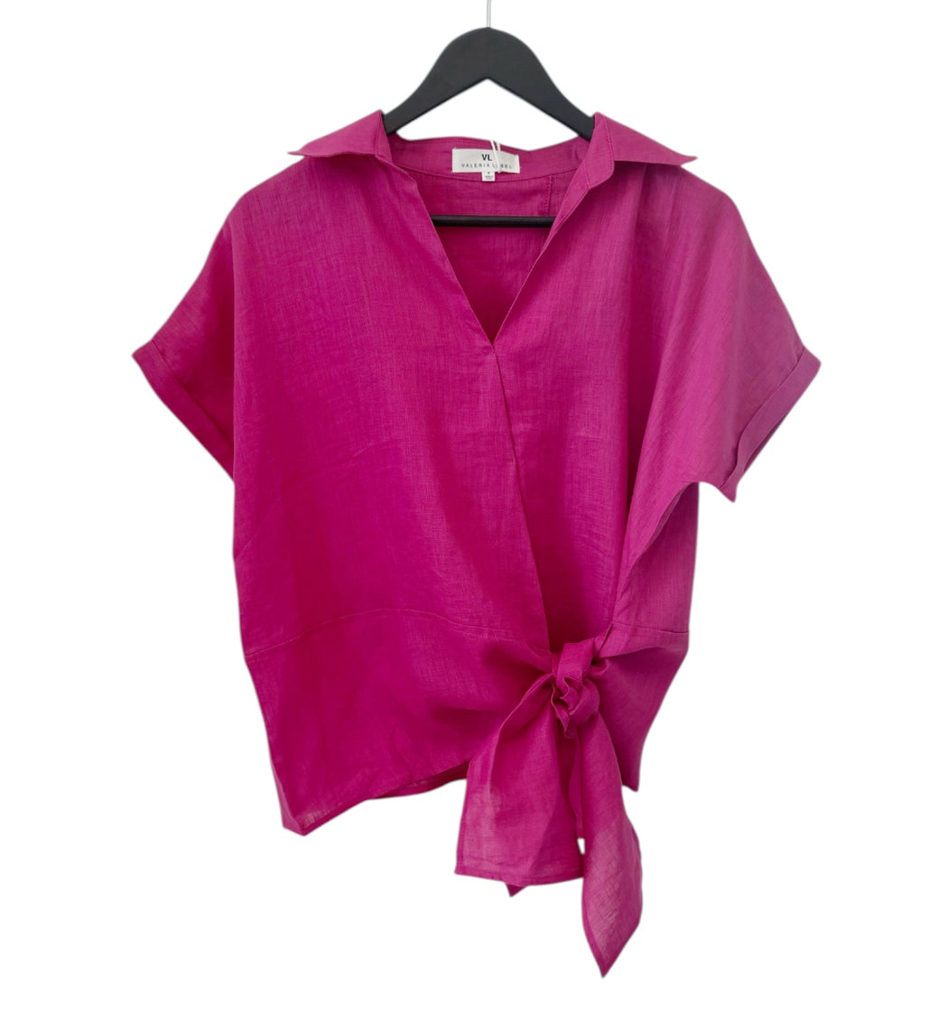 Roll Sleeve Linen Tie Top - Magenta Pink