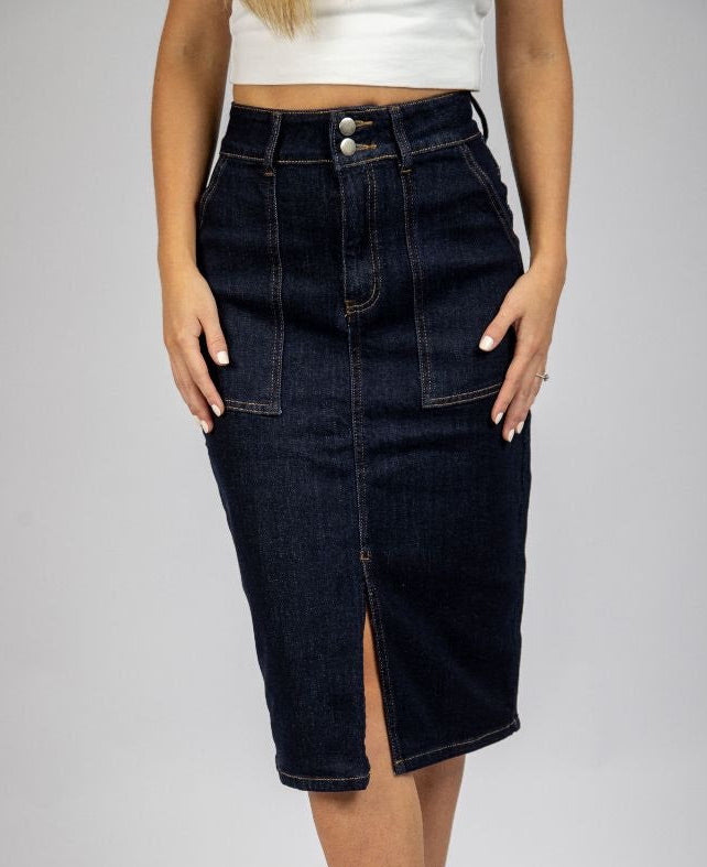 Stretch Denim Midi Skirt - Indigo blue