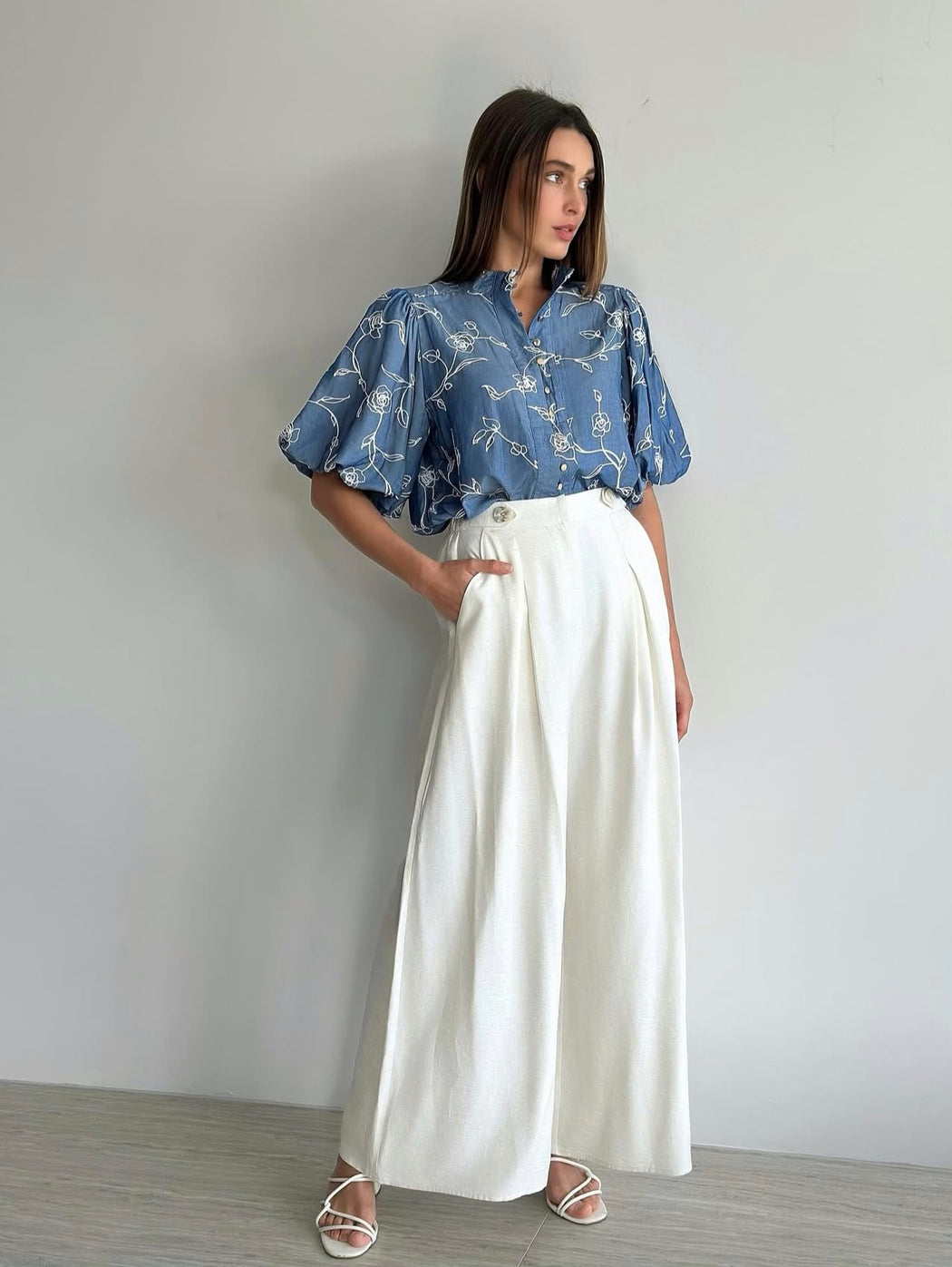 Balloon sleeve Blouse - Blue with white floral