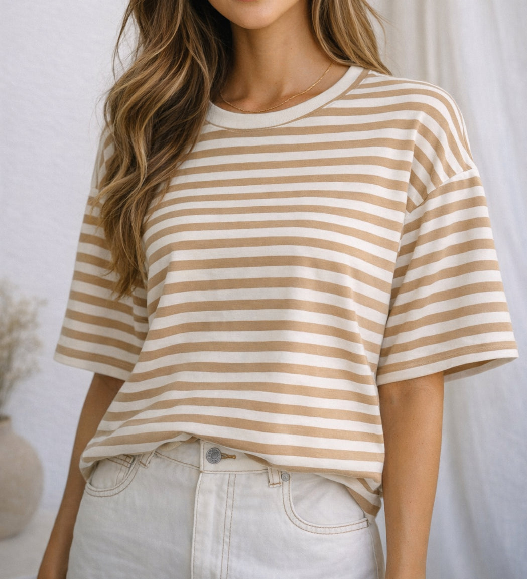 Boxy Stripe Crop Tee - Tan and Cream