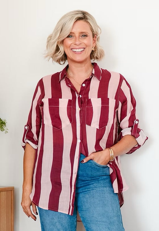 Stripe Linen Shirt - Wine and Pink