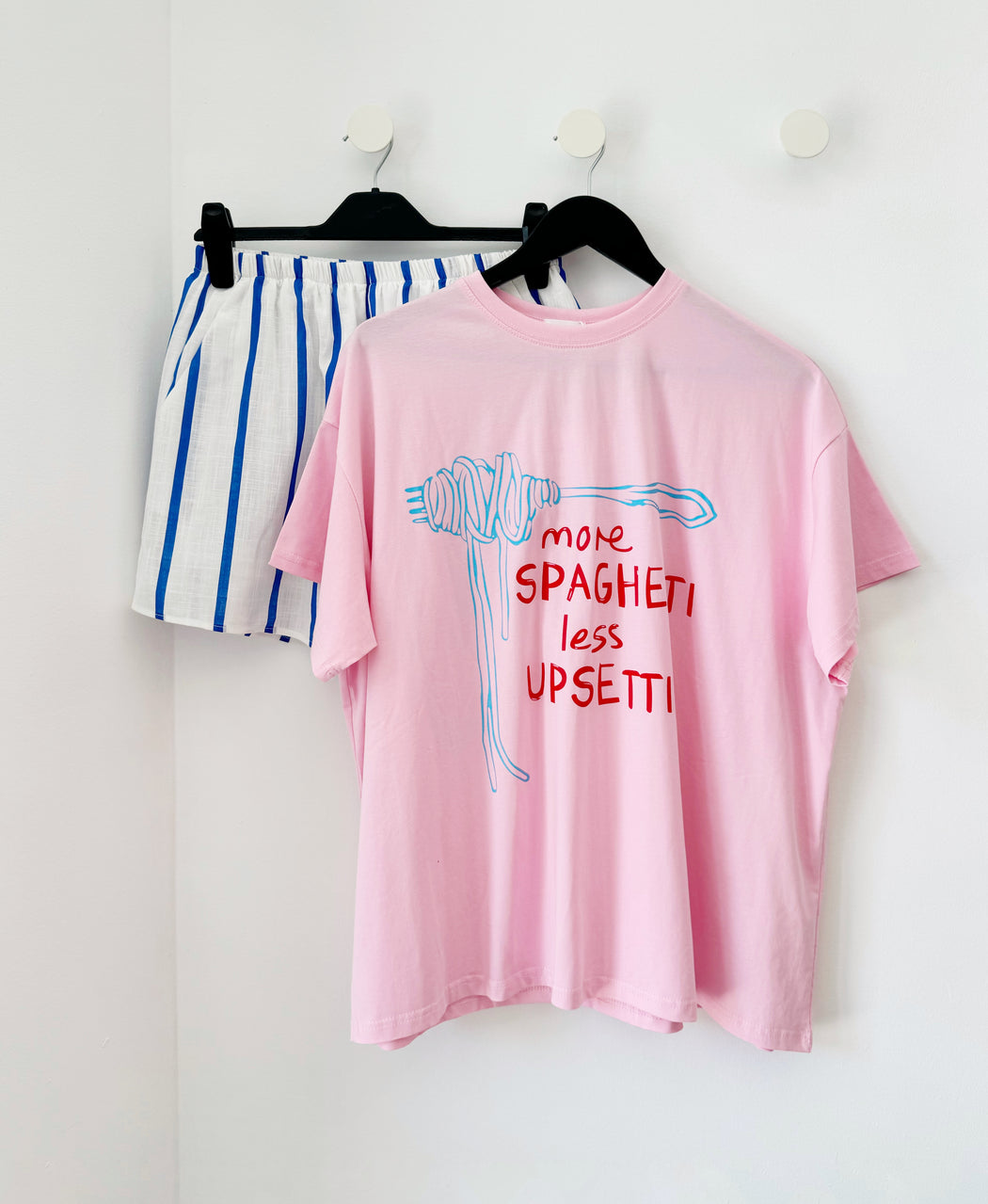 Spaghetti Set - Pink Tee and Blue Stripe shorts