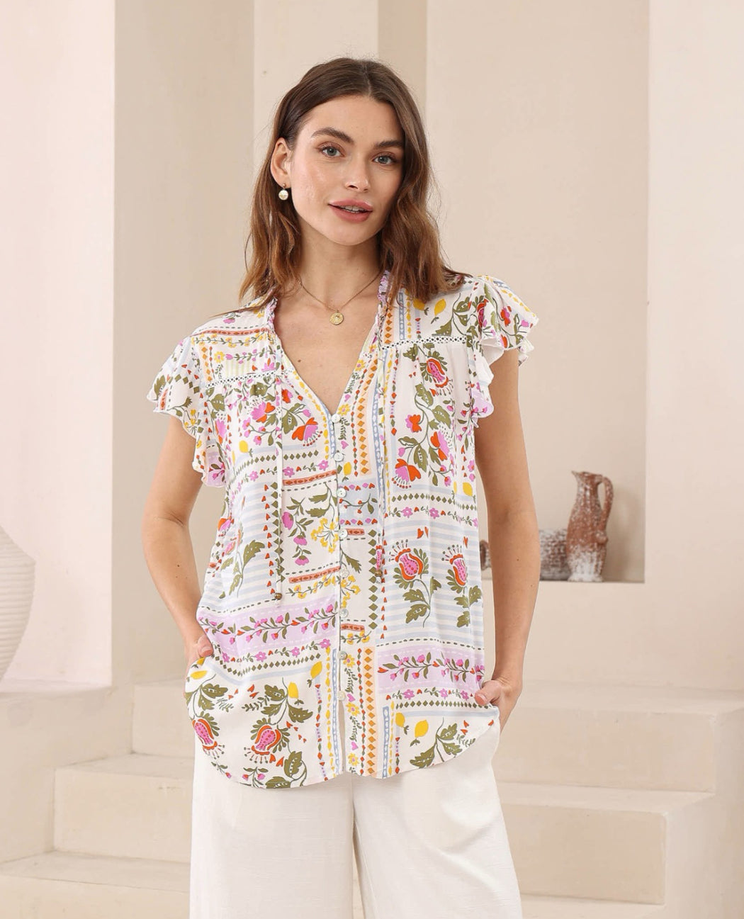 Flutter Sleeve Blouse - White multi