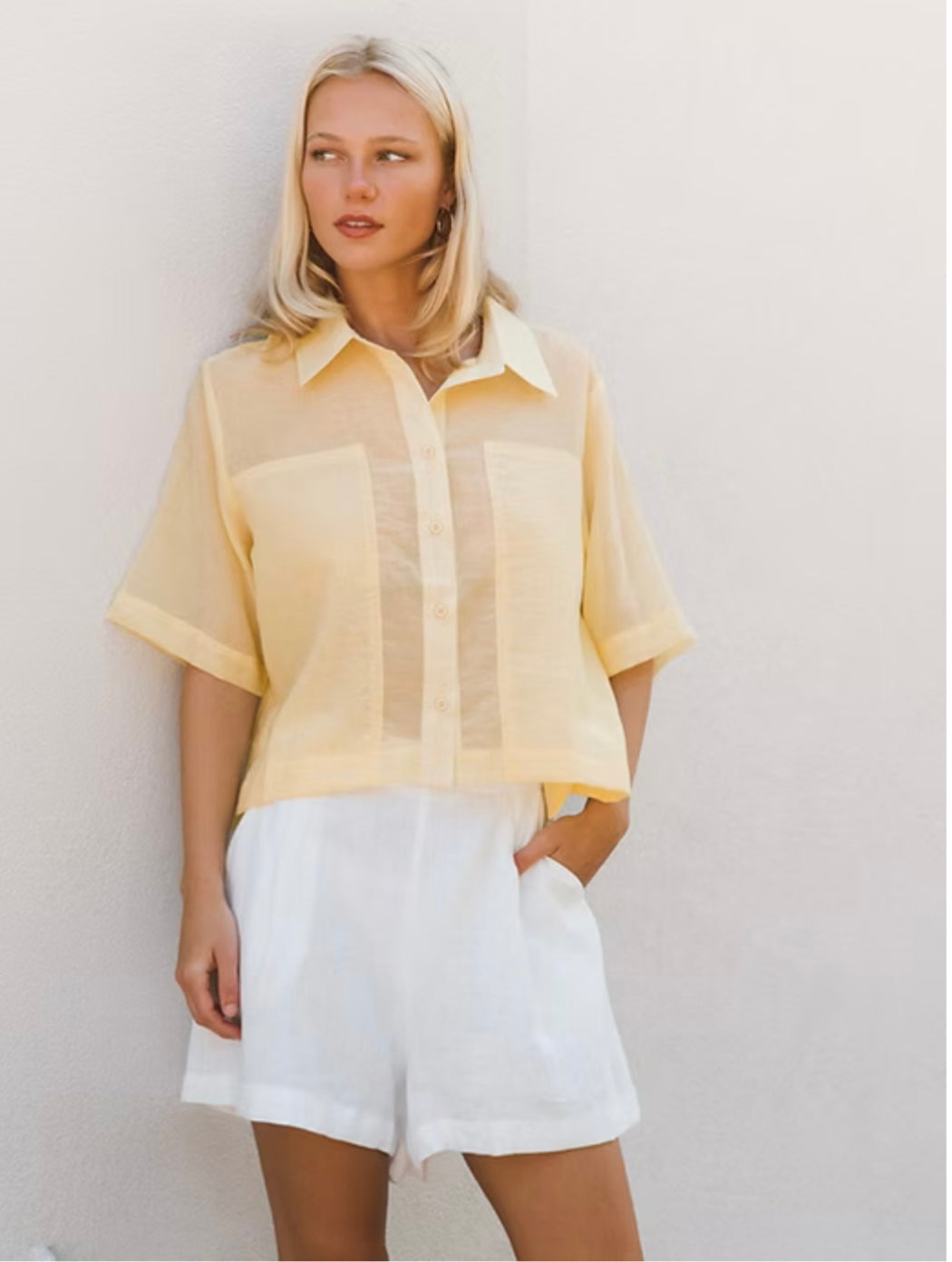 Short Sleeve Button up  Blouse - Butter yellow