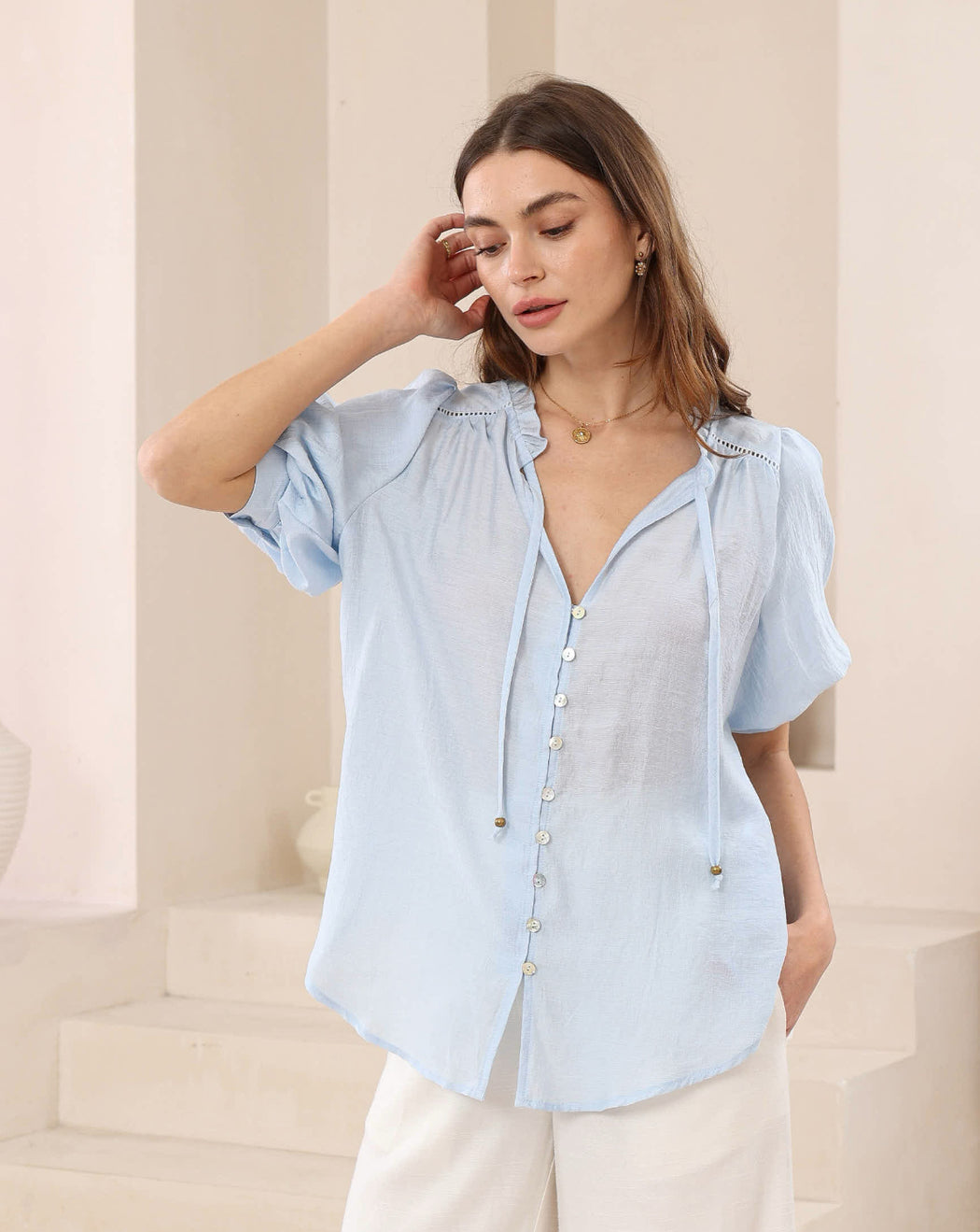 Short Balloon Sleeve Blouse - Light Blue