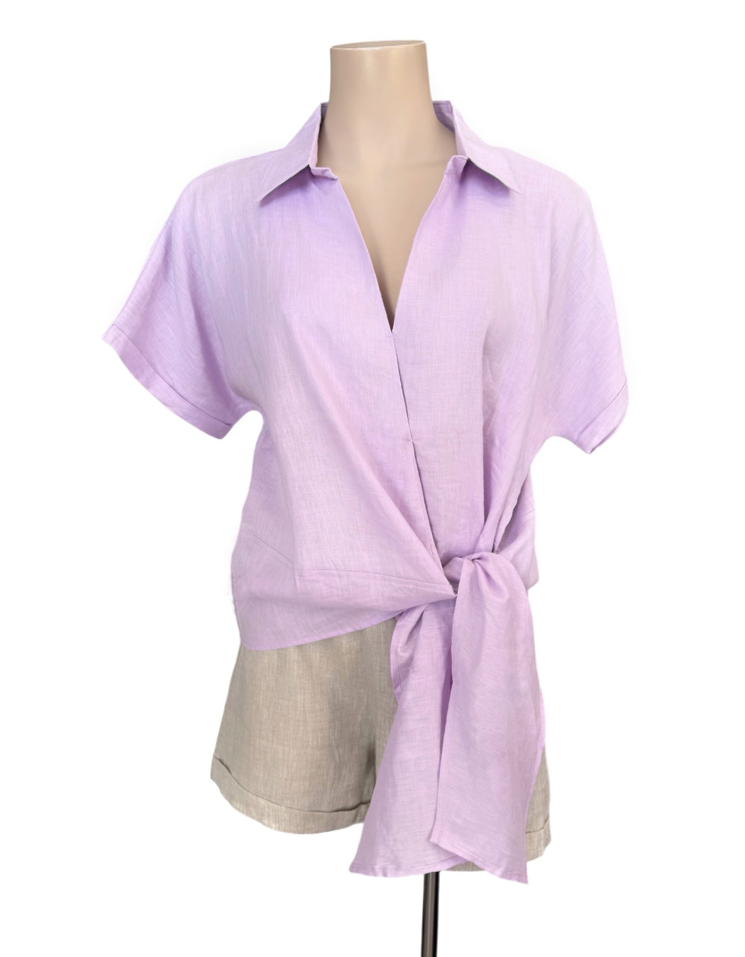 Roll Sleeve Linen Tie Top - Lilac