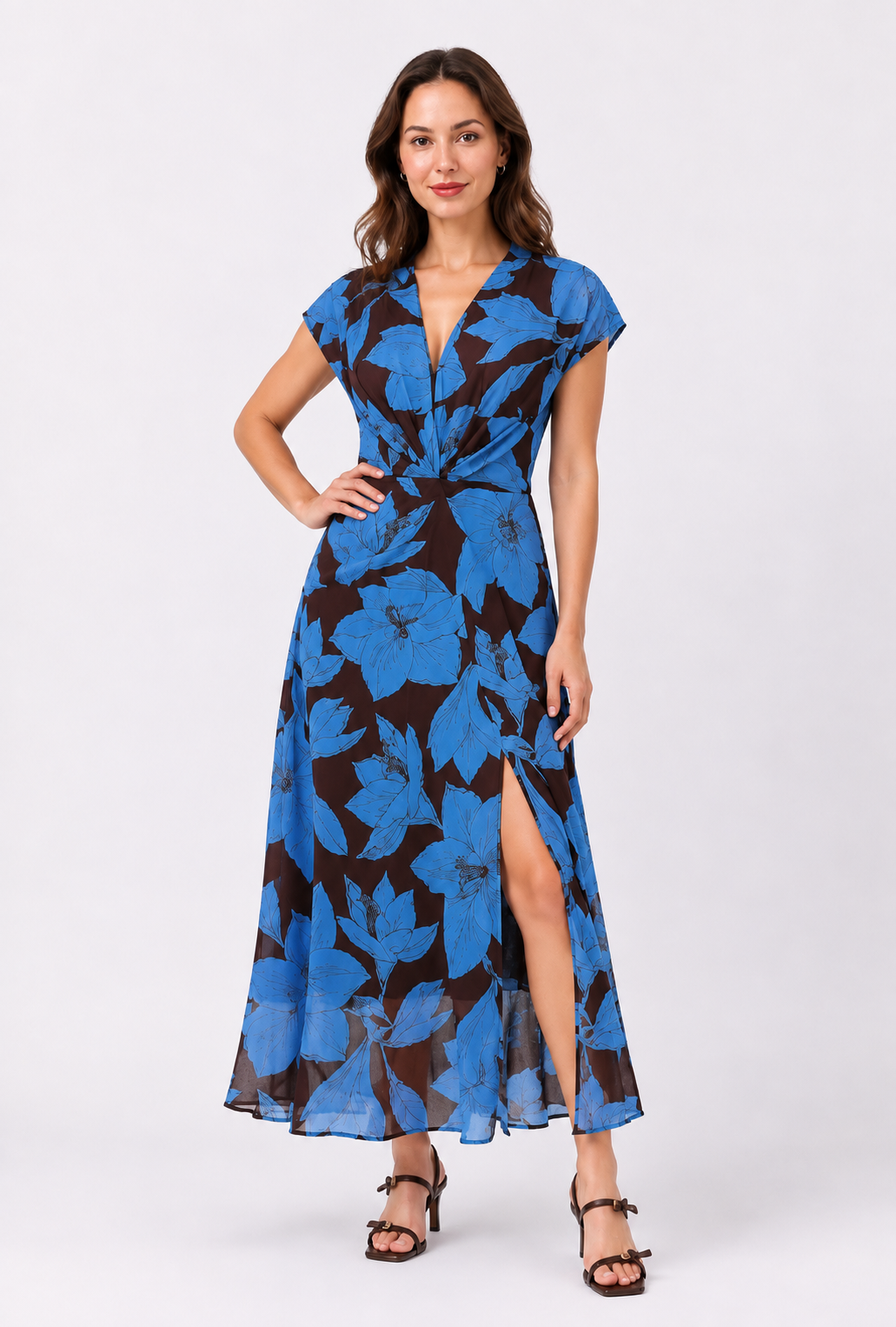 Tara Dress - Chocolate and blue floral
