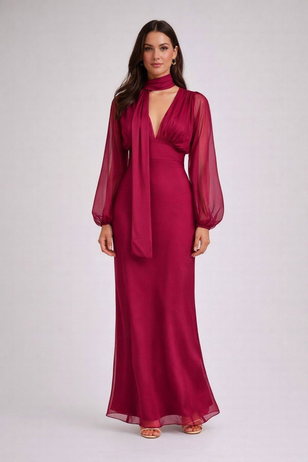 Balloon Sleeve Evening Dress - Ruby