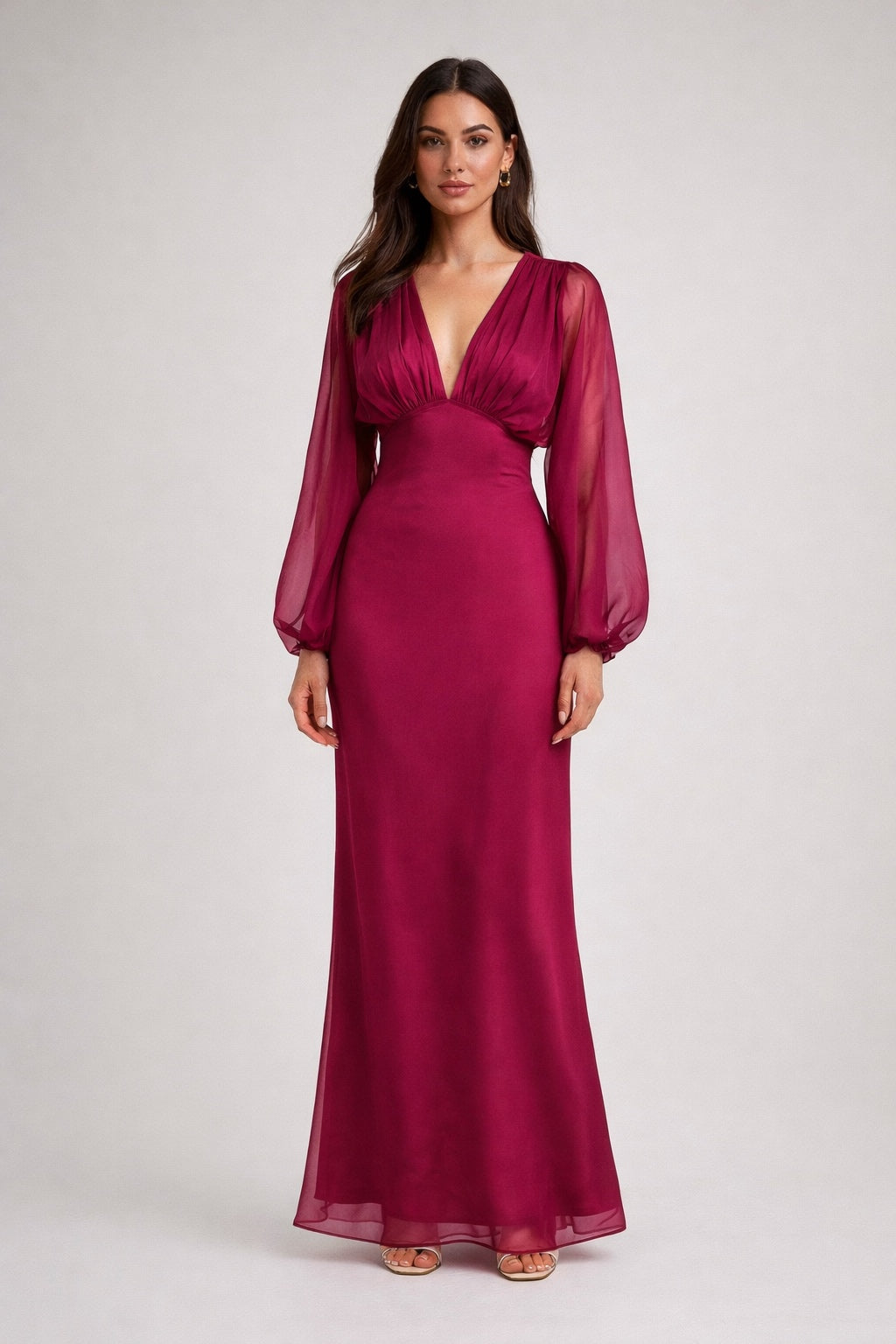 Balloon Sleeve Evening Dress - Ruby