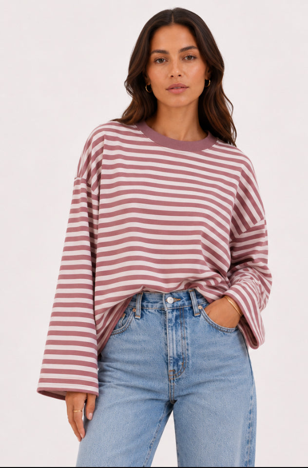 Sunday stripe long sleeve - chocolate and Pink