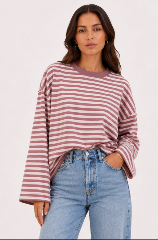 Sunday stripe long sleeve - chocolate and Pink