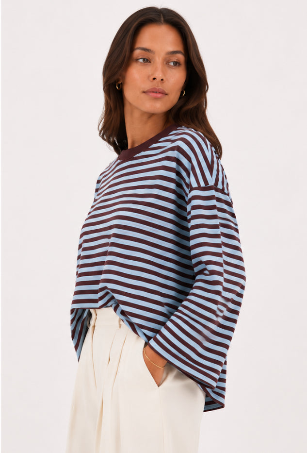 Sunday stripe long sleeve - chocolate and blue